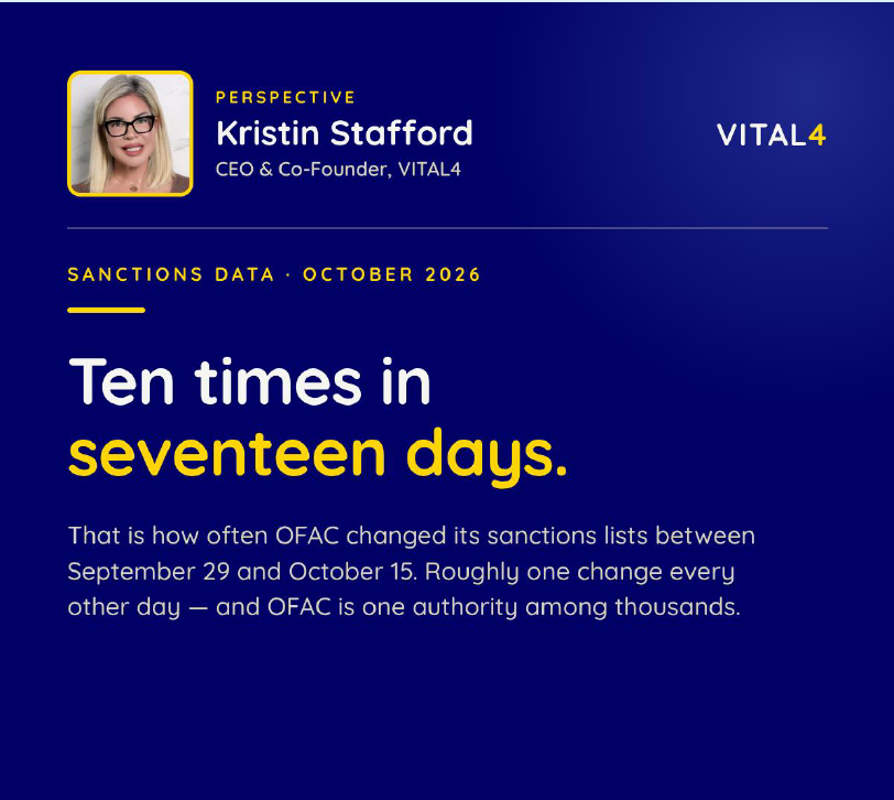 Your screening data is current. Current as of when? Between September 29 and October 15, OFAC changed its sanctions lists ten times. Roughly one change every other day and OFAC is one authority among thousands.